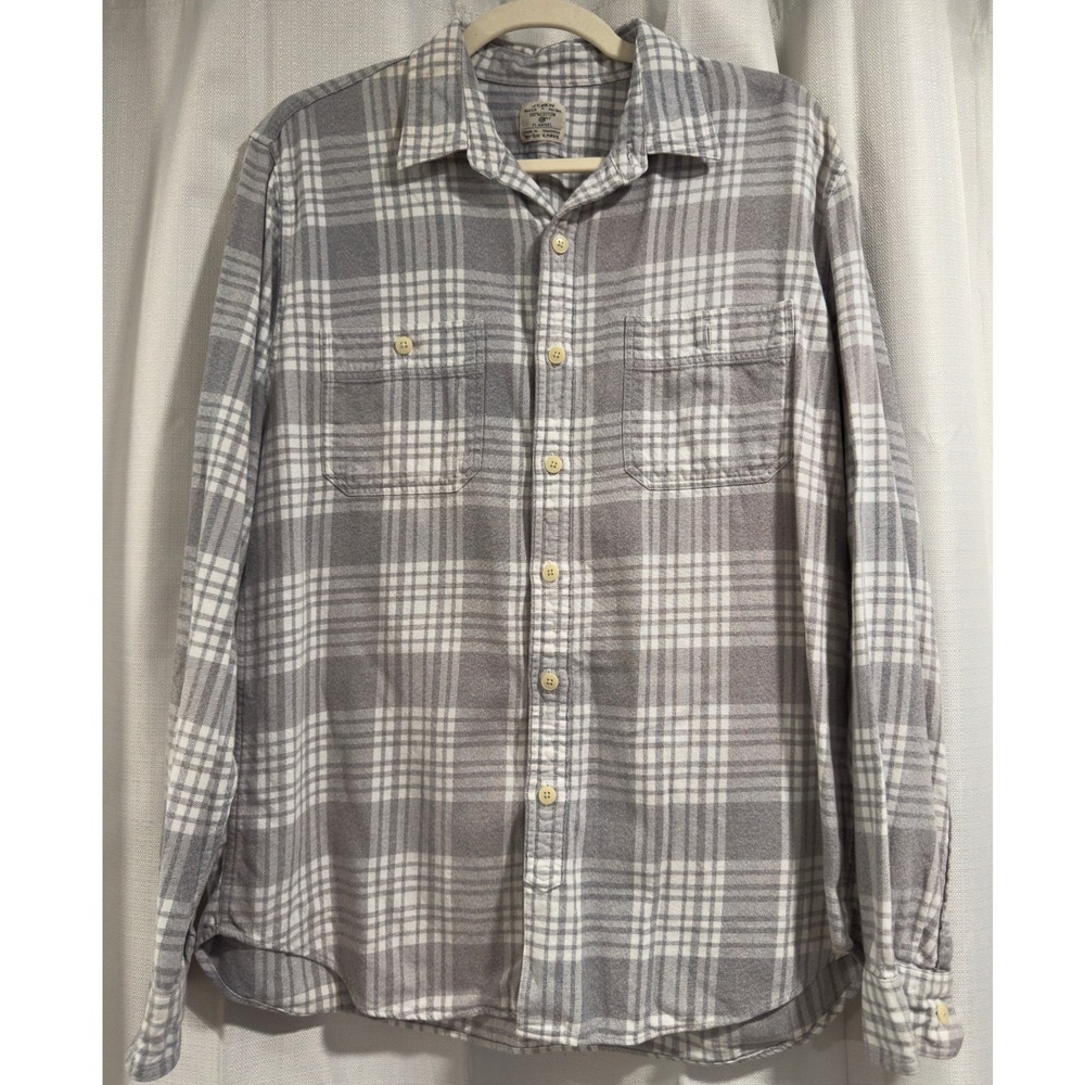 J.Crew Mens Flannel Shirt Large Grey White Plaid Long Sleeve Cotton Button‎ Down